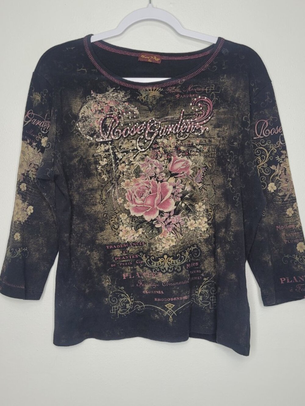Flower N Ring rose garden grunge art to wear artsy 3/4 sleeve top size xl